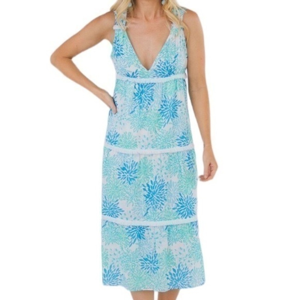 Sail to Sable turquoise blue coral print tiered midi maxi dress S